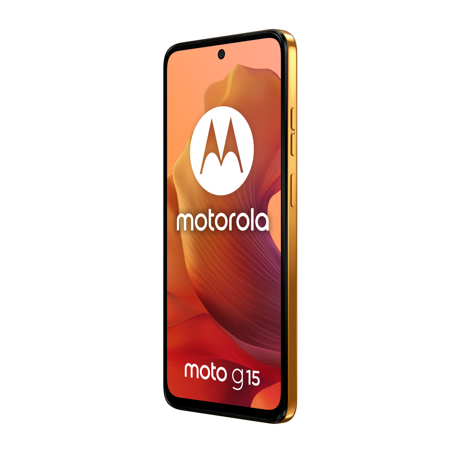 Een gouden Motorola Moto G15 smartphone met een groot wit Motorola logo op het scherm.