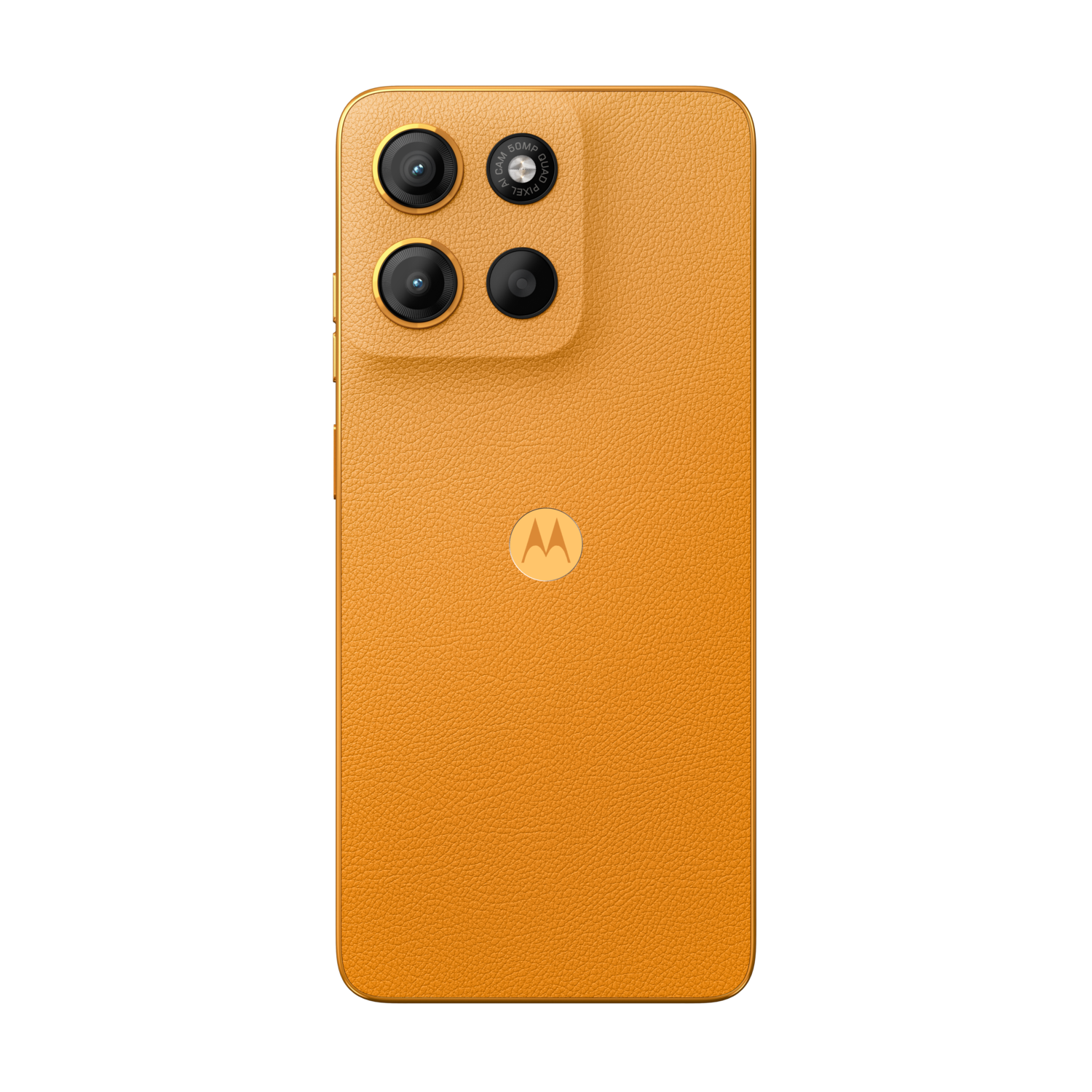 Oranje Motorola moto g15 telefoon, achteraanzicht, zwarte achtergrond, camera en Motorola-logo zichtbaar.
