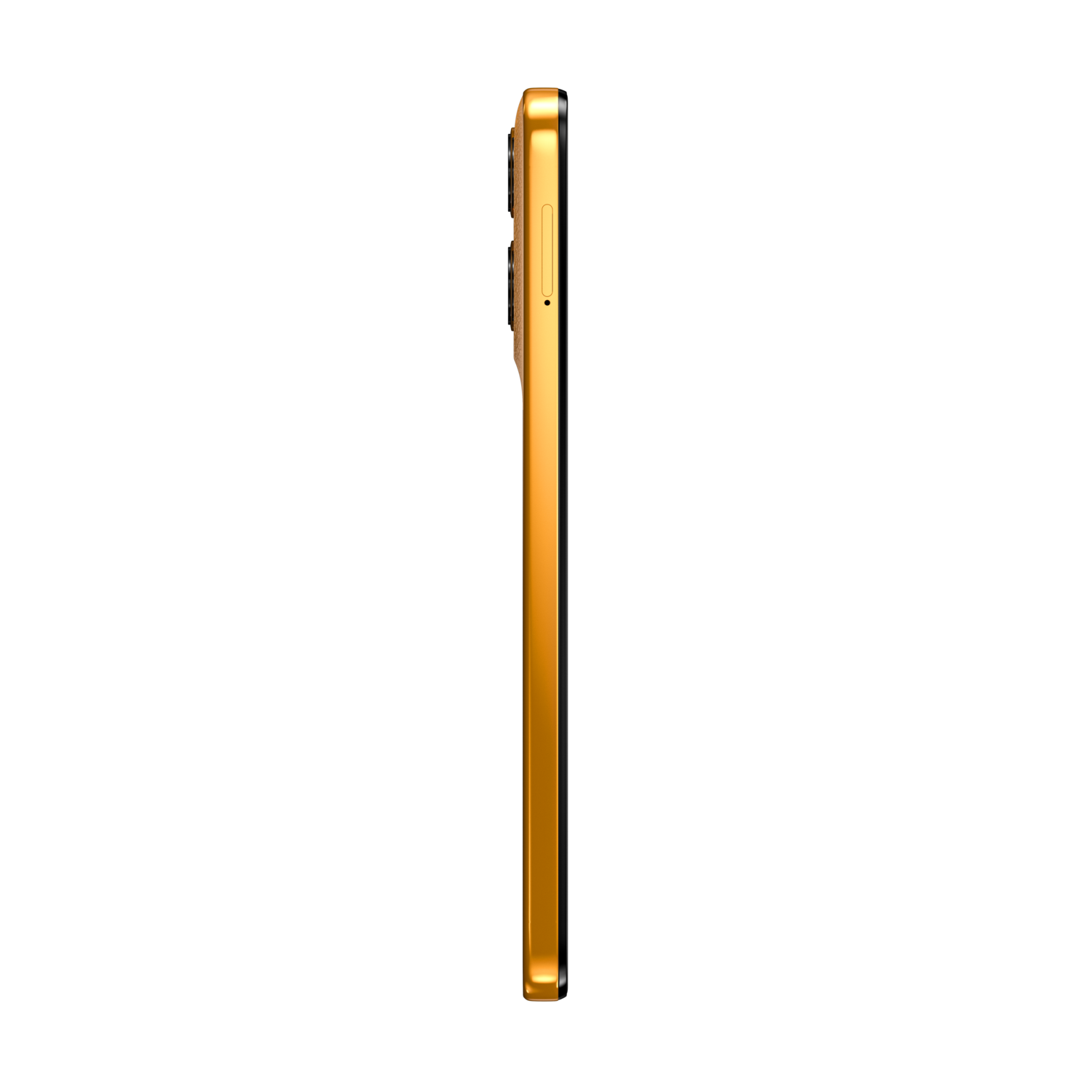 Zijaanzicht van een gouden smartphone op een zwarte achtergrond.