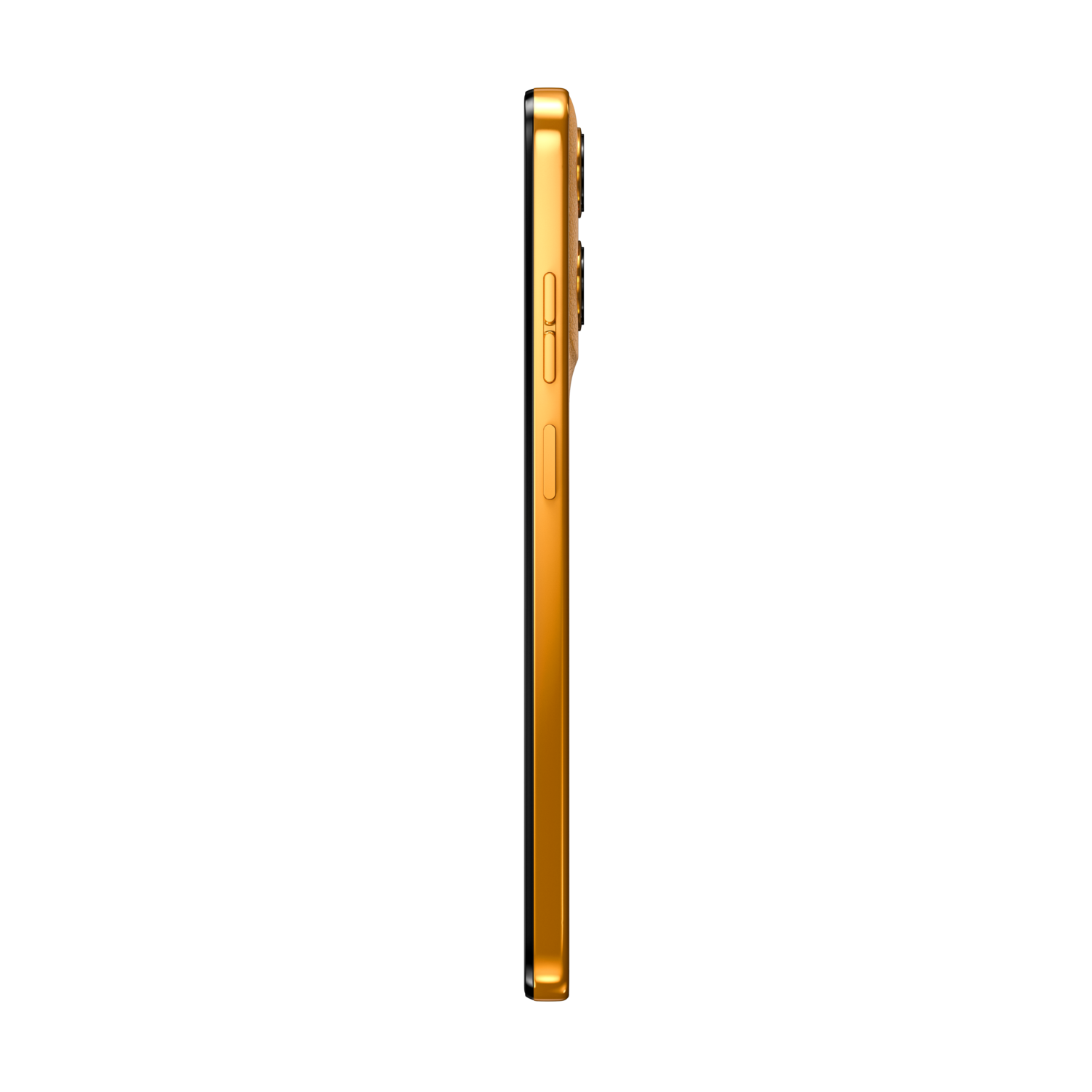 Oranje Motorola moto g15 telefoon, zijaanzicht, zwarte achtergrond. Dikte van de telefoon zichtbaar.