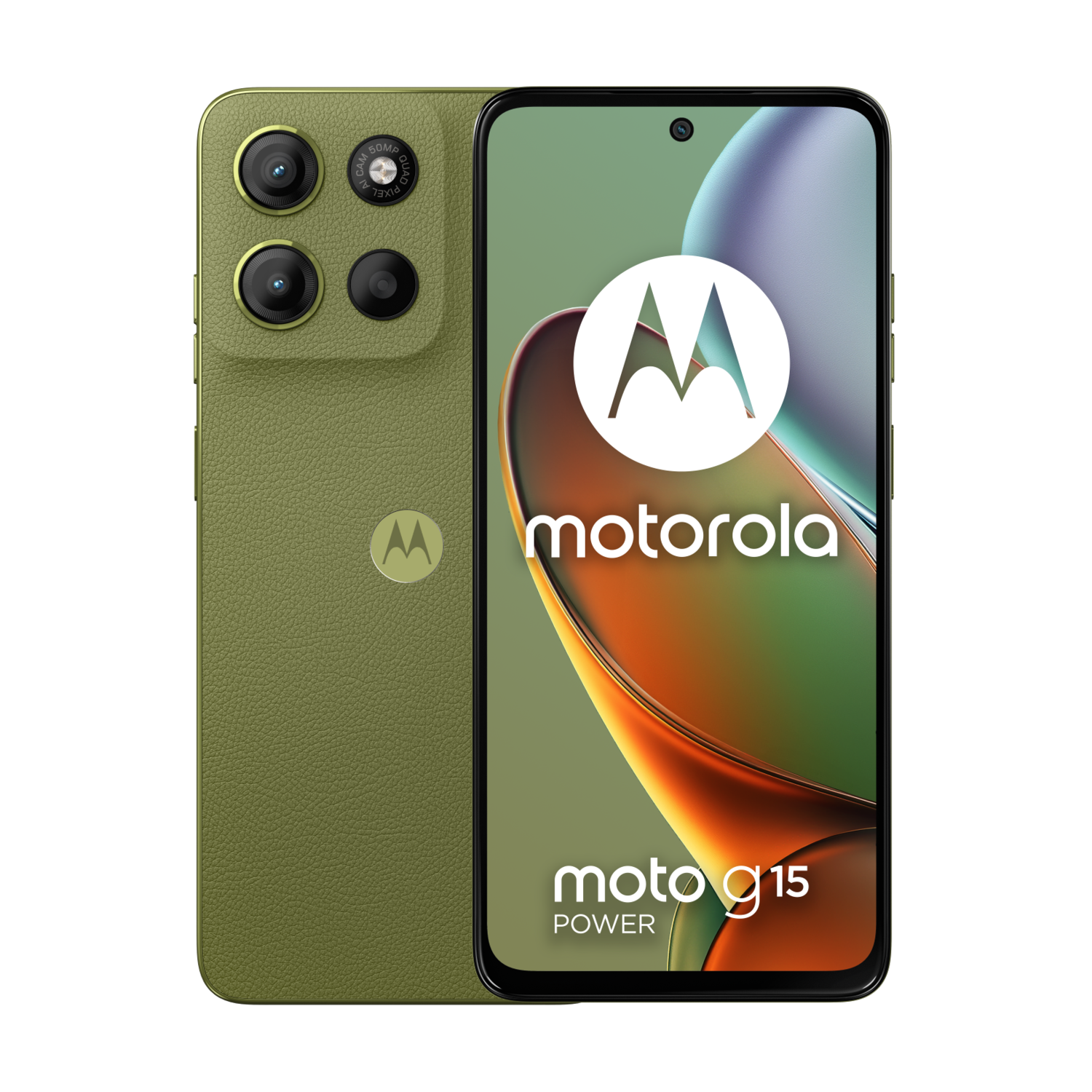 Green Motorola moto g15 Power phone, front and back view. Black background. Motorola logo visible.