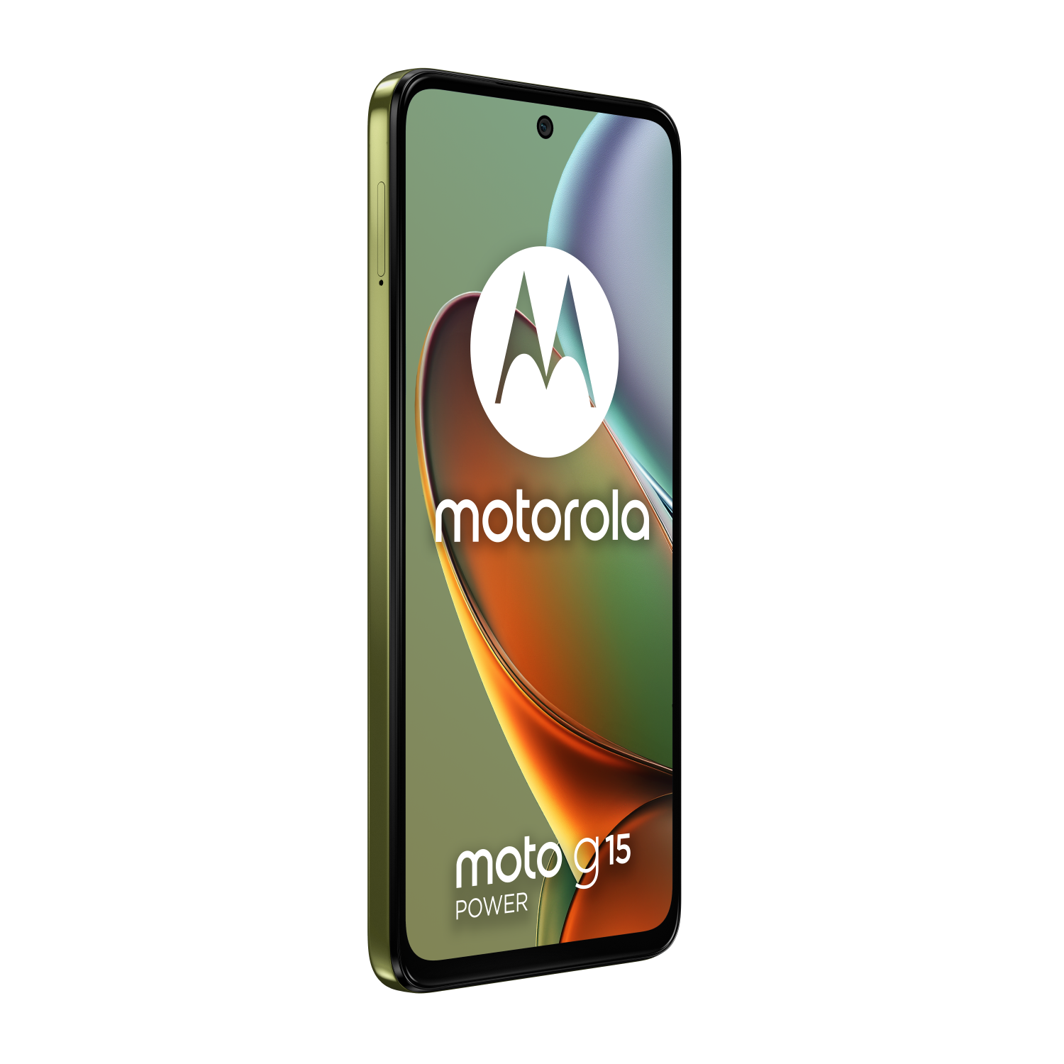 Green Motorola moto g15 Power phone, front view, black background, Motorola logo and Moto G15 visible.