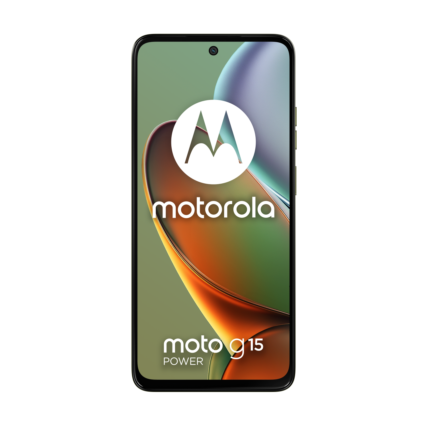 A Motorola Moto G15 Power smartphone with the Motorola logo on the display.