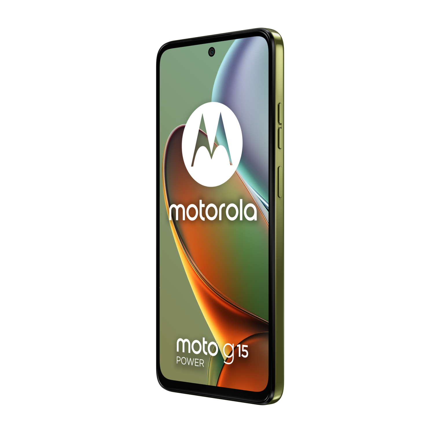 Motorola Moto G15 Power phone, green color, front view. Screen displays logo and design.