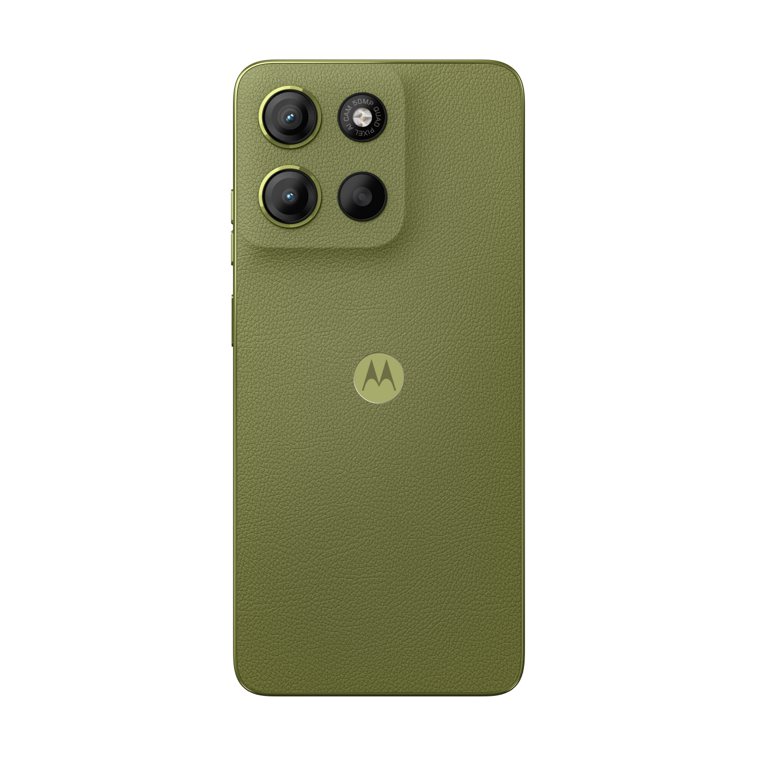 Green Motorola Moto G15 Power back view, showing cameras and logo on the textured surface.
