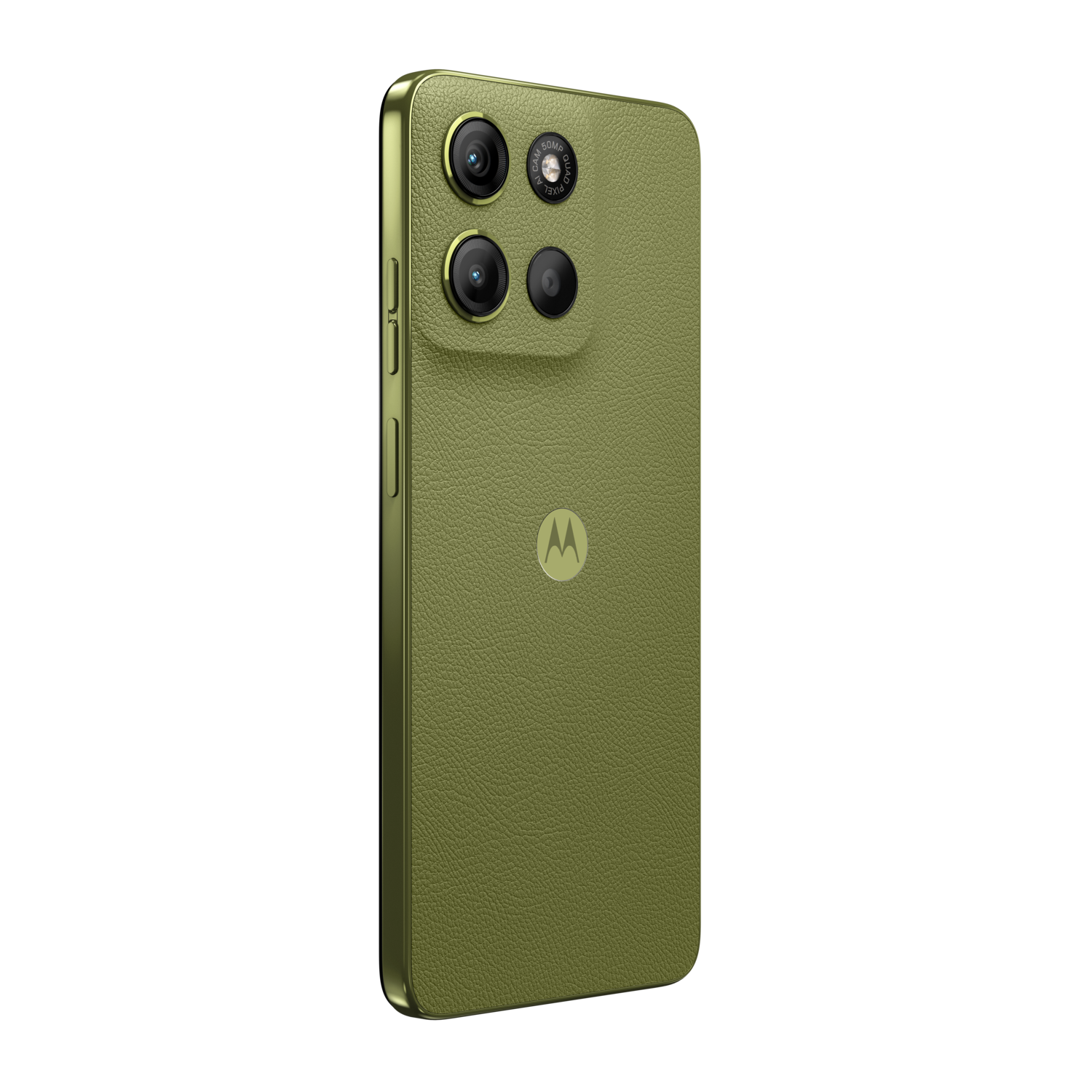 Green Motorola Moto G15 Power, back angled view showing camera array and logo on textured back.