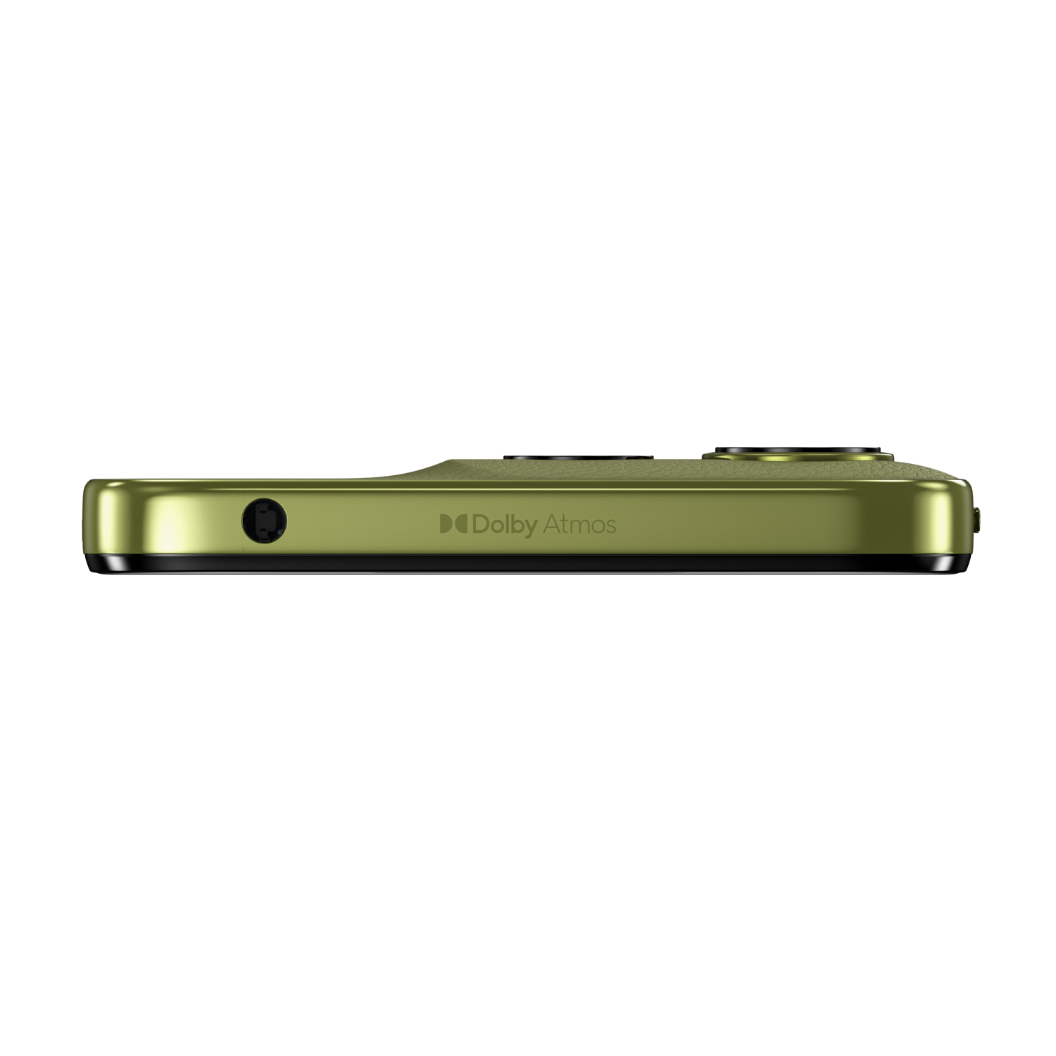 Side view of green Motorola phone, with Dolby Atmos text and a headphone jack.