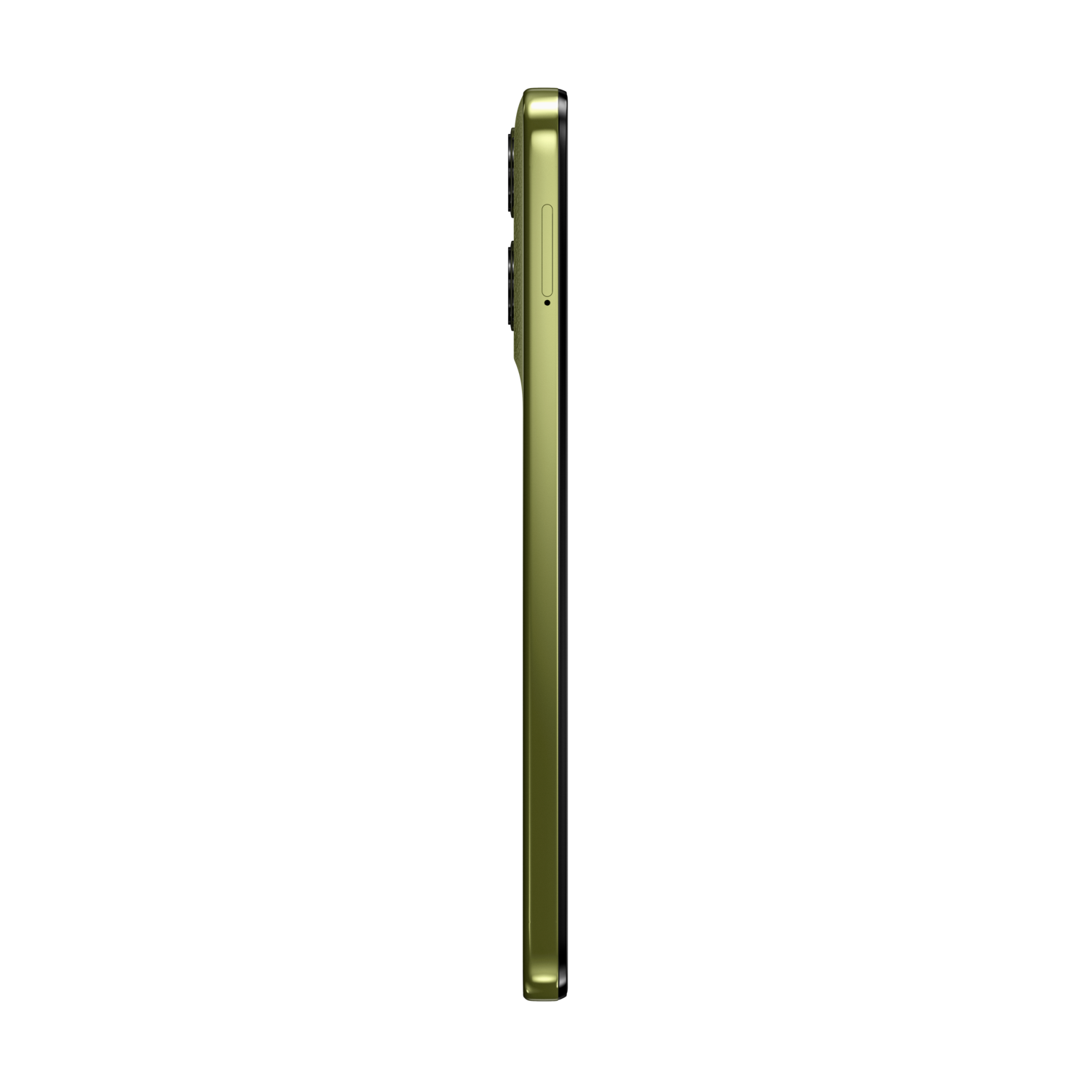 Side view of a green Motorola phone, showing the side buttons, on a black background.