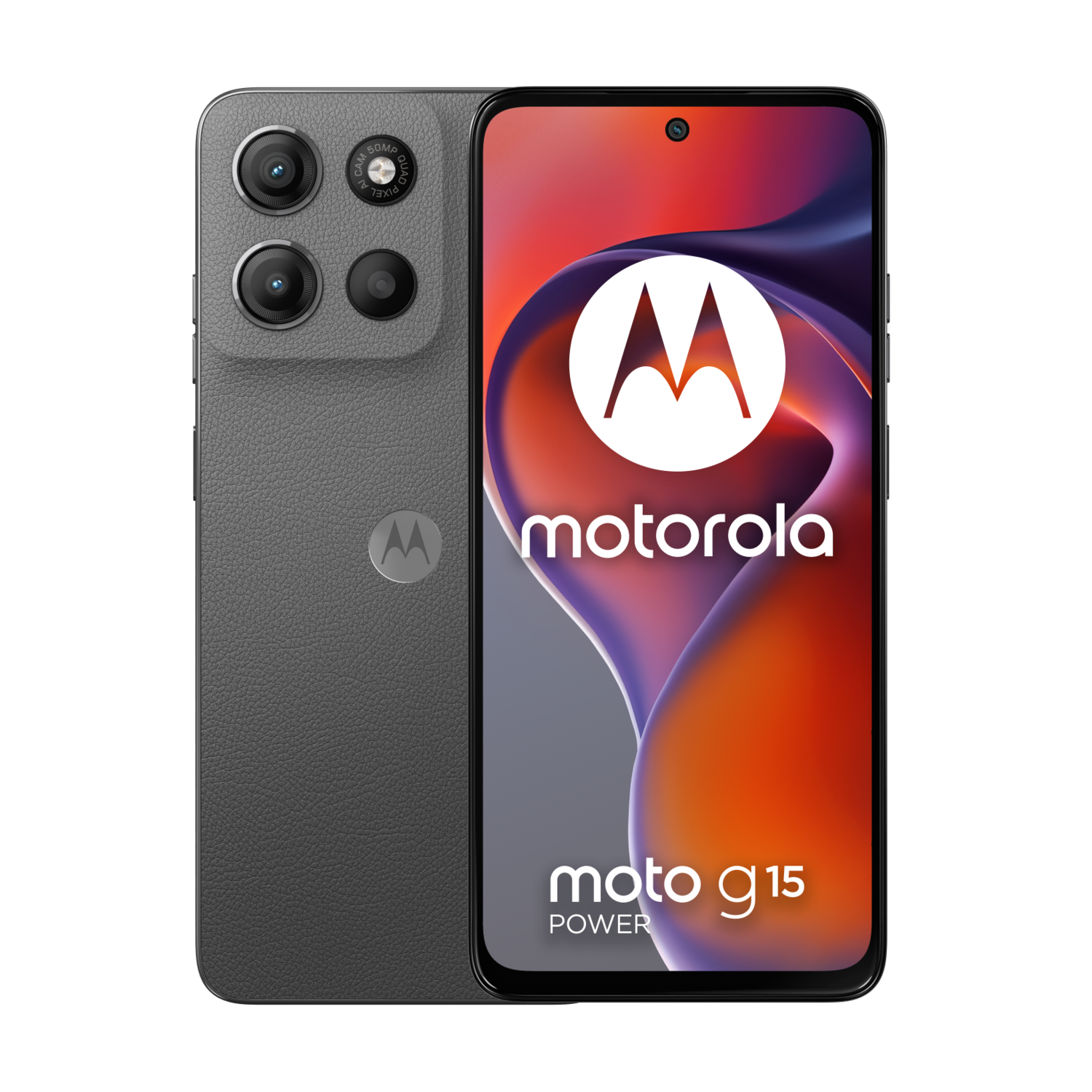 Moto G15 Power, grey back and front with the screen on. Motorola logo visible.