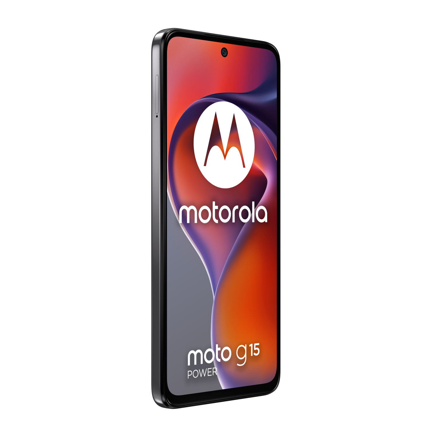 Motorola Moto G15 Power, front view showing the screen and logo with orange and purple design.