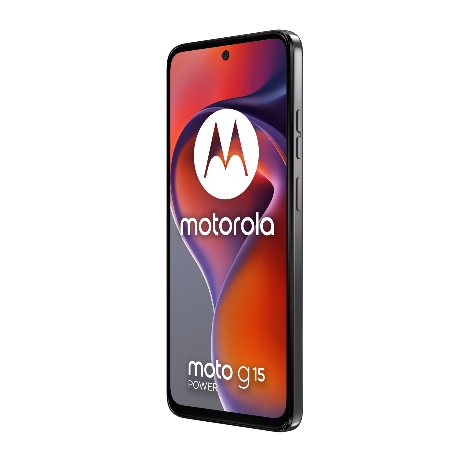 Black Motorola Moto G15 Power phone. The screen shows a purple and orange gradient with the Motorola logo.