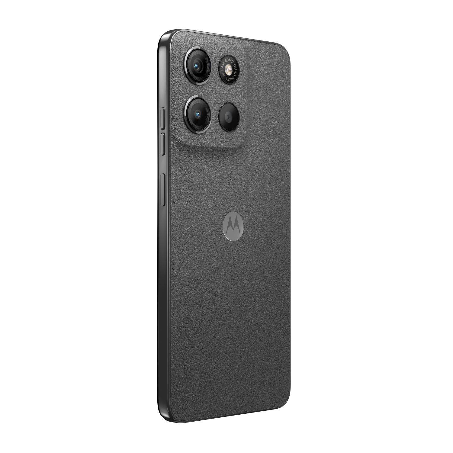 Grey Motorola phone back with quad cameras and logo, on a black background.