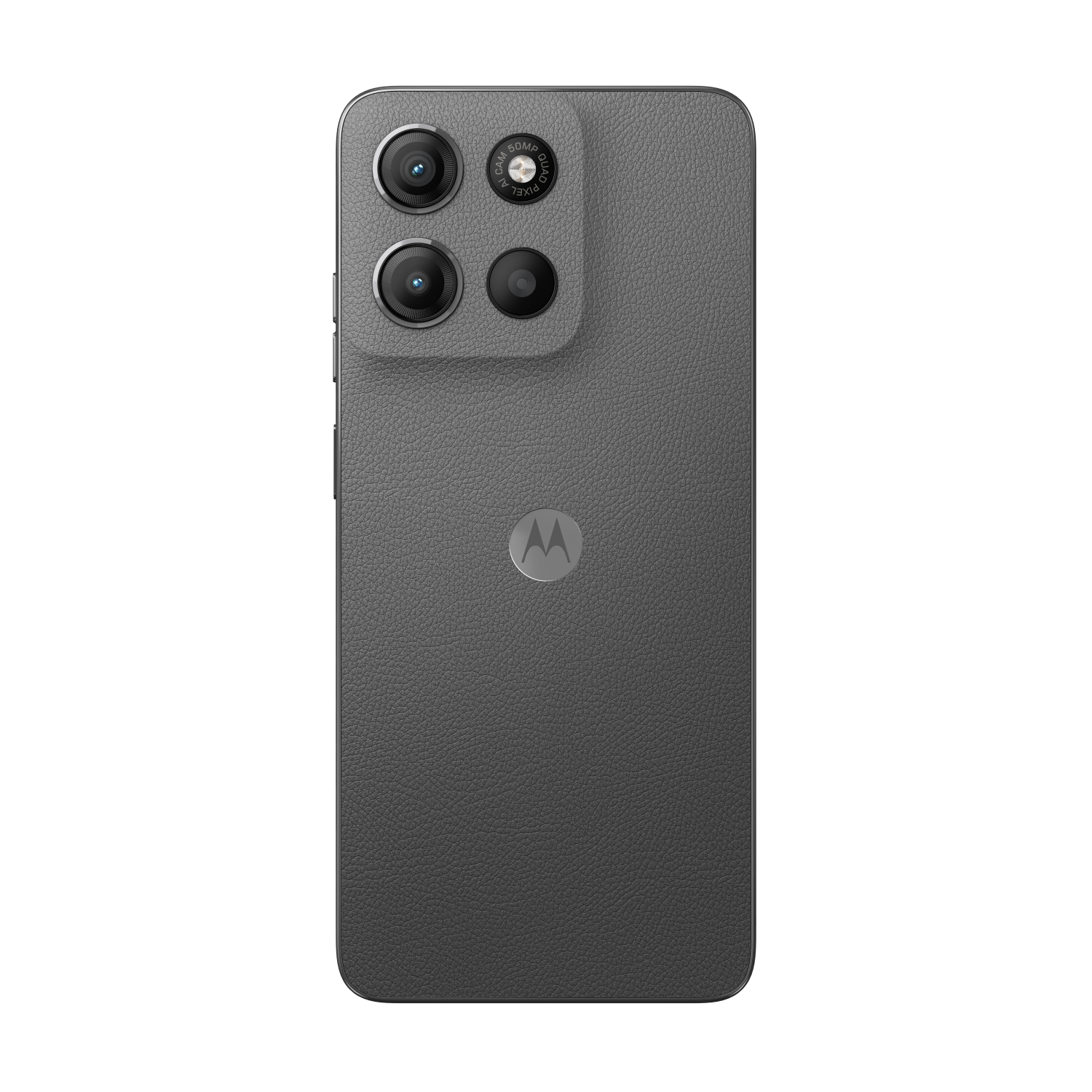 Back of a dark grey Motorola phone with four cameras, and a logo.