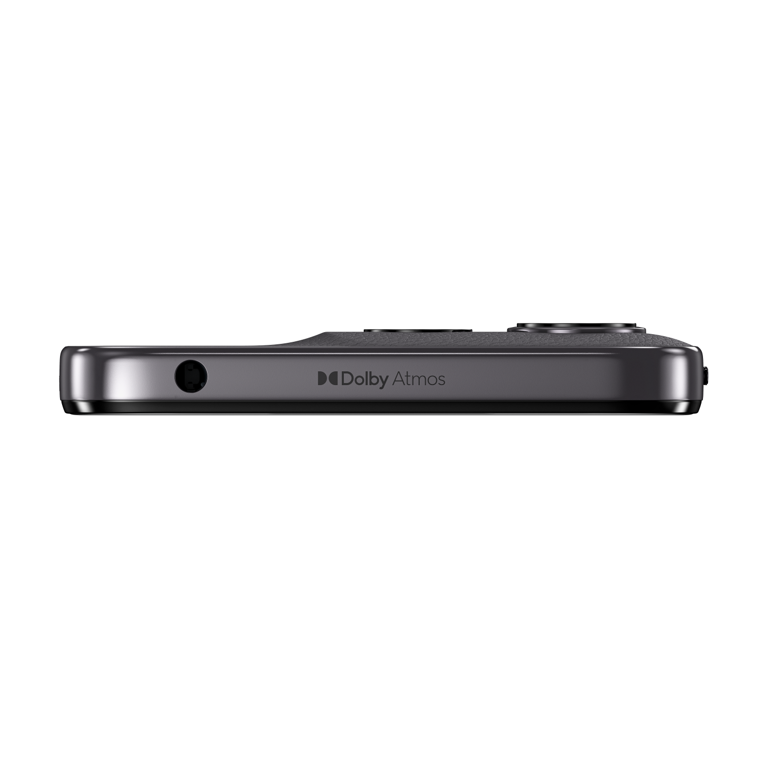 Side view of a dark phone, with 'Dolby Atmos' text.
