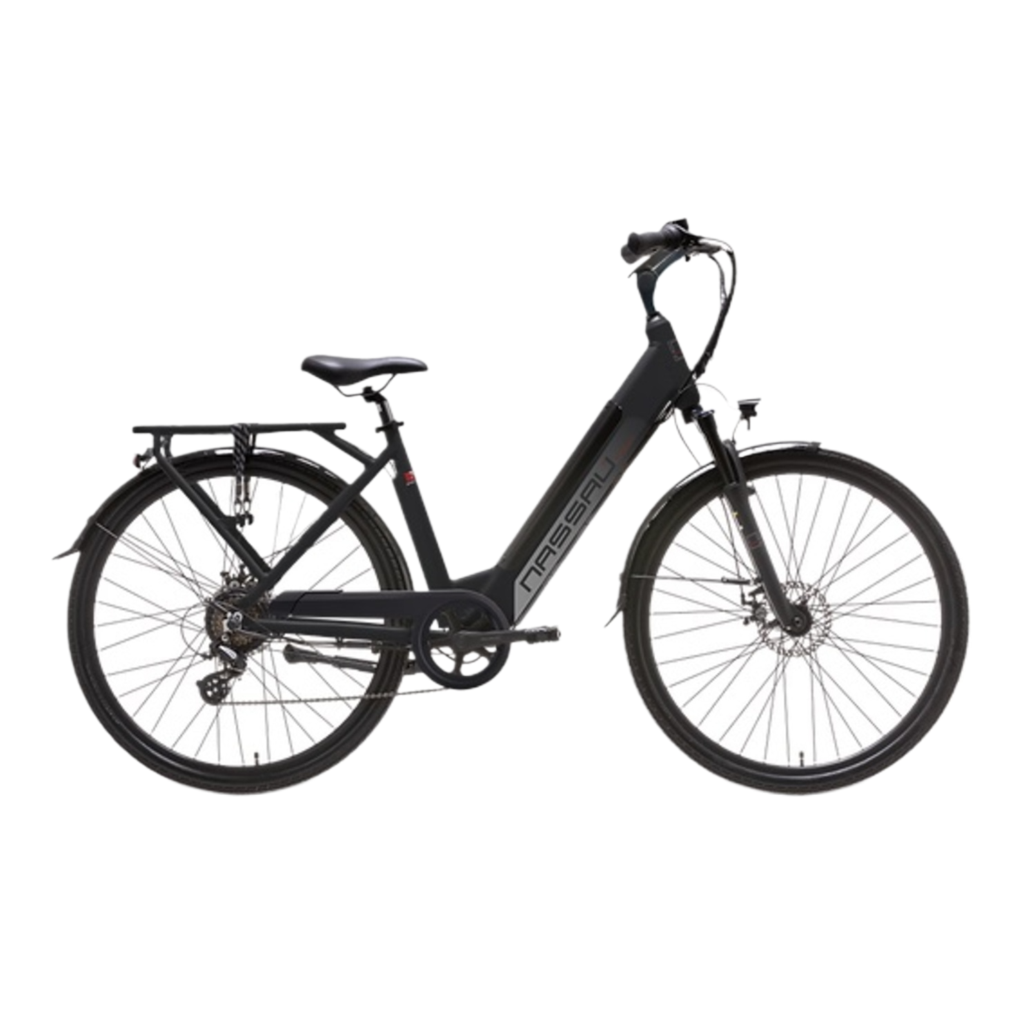 Black electric bicycle, white background. Bicycle with black tires, frame and seat.