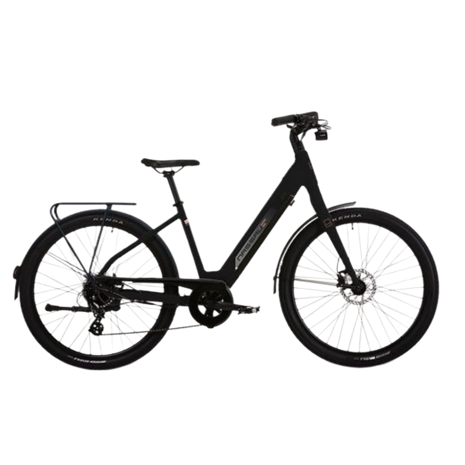 Black bicycle on a black background. It has black tires and a black seat.