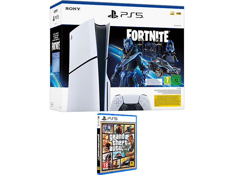 Consola - Sony PlayStation 5 Slim Standard, 1 TB SSD, 4K, mando, Chasis D, Blanco + Código de pack Fortnite® Cobalt Star GTA V