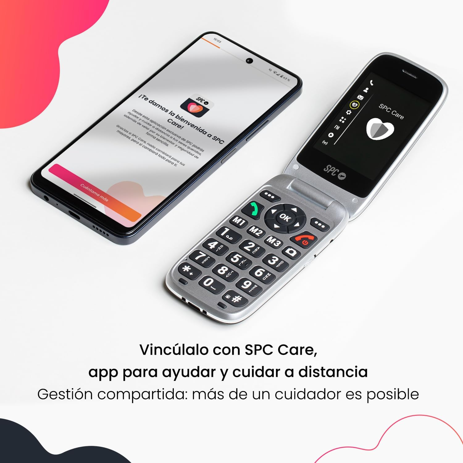 Dos teléfonos, uno abierto, mostrando una app. Texto en español sobre SPC Care y funciones.