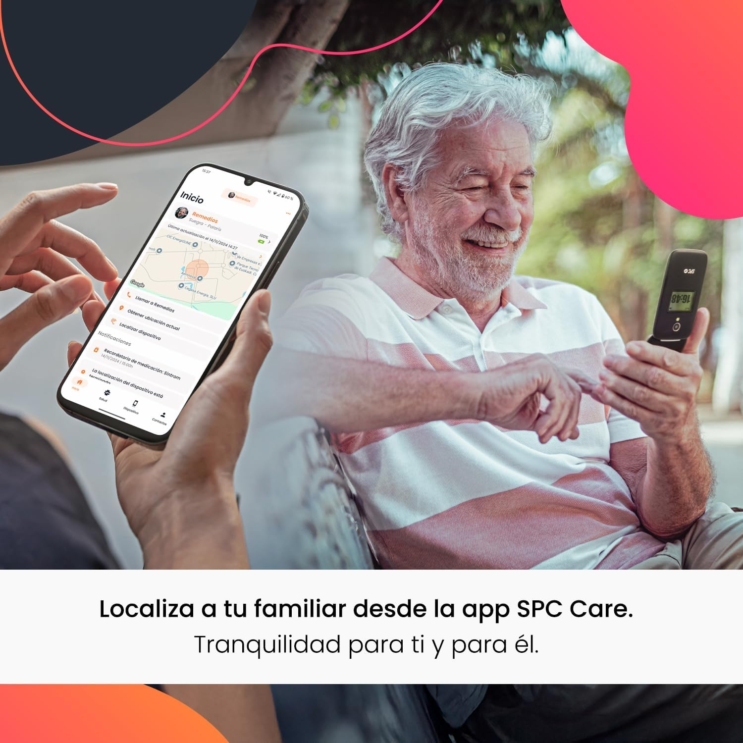 Hombre mayor y persona sosteniendo un teléfono. Teléfono muestra mapa y interfaz de la app. Leyenda en español.