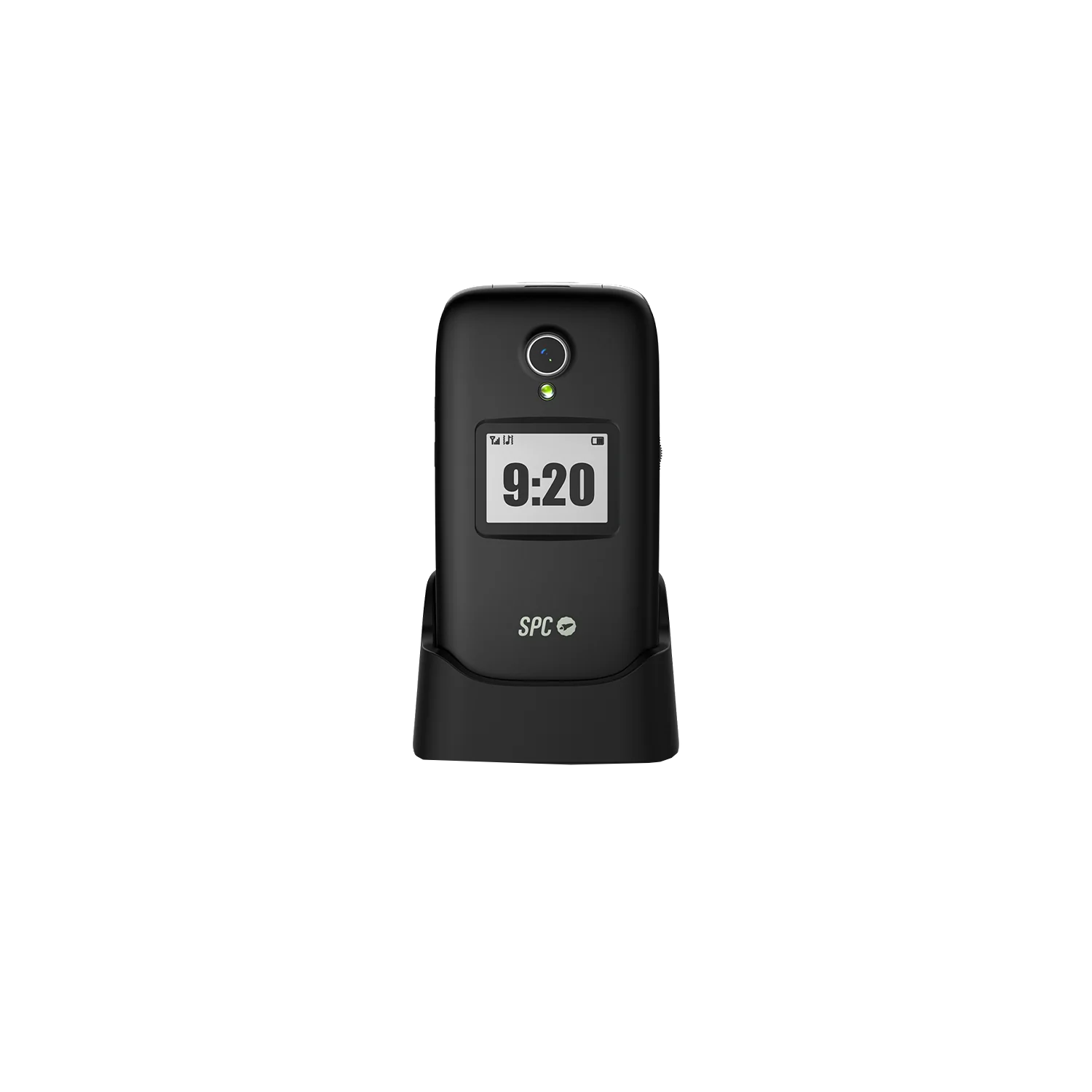 Teléfono plegable negro en base de carga. Pantalla muestra 9:20. Logo SPC visible. Fondo negro.
