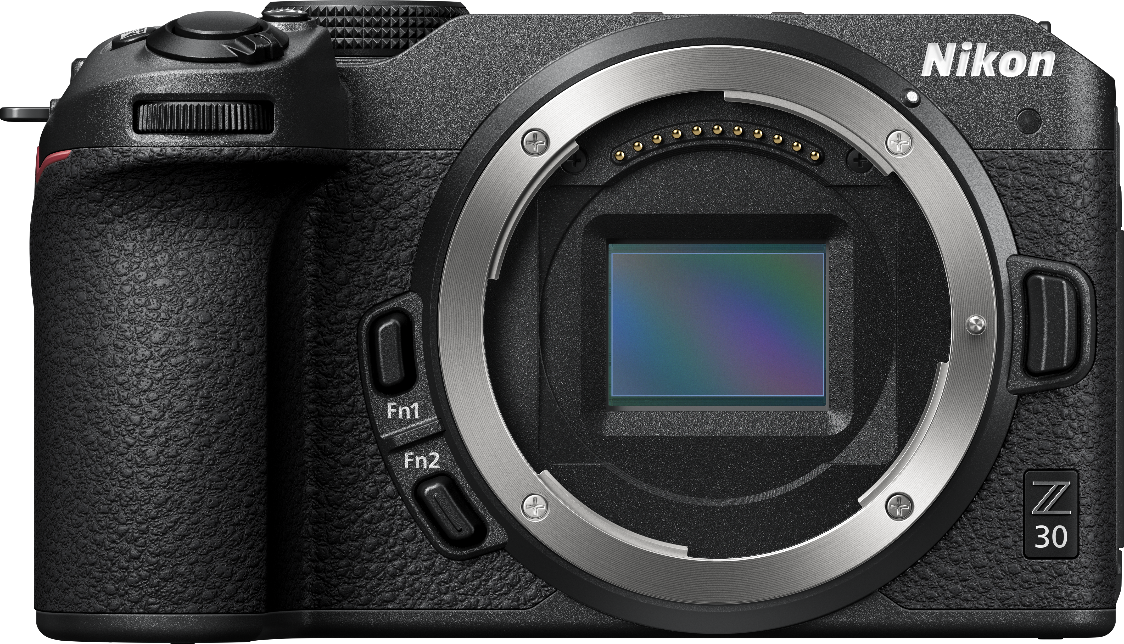 Nikon Z30 Kamera-Vorderansicht. Objektiv angebracht, schwarzer Körper, silberner Objektivanschluss, Sensor sichtbar. Schwarz.