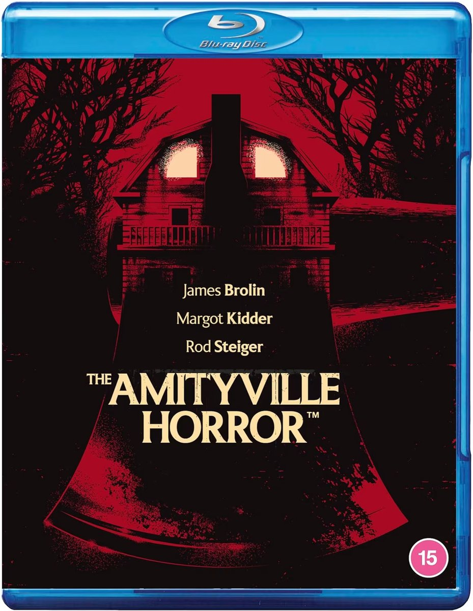 Blu-ray cover for 'The Amityville Horror', featuring a house, trees, and text.