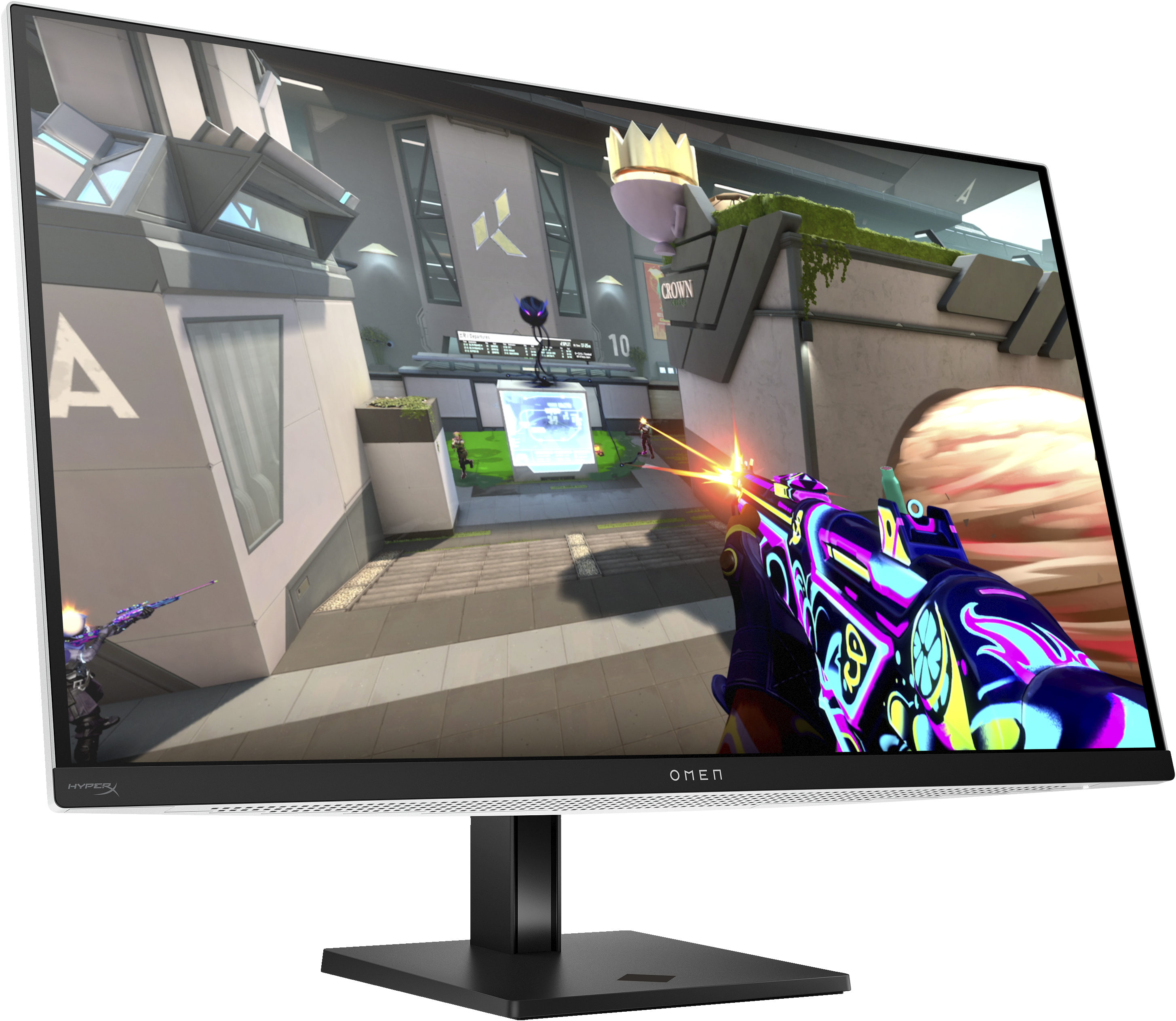 Gaming-Monitor, der ein Spiel mit schießender Waffe und Spielern im Hintergrund zeigt.