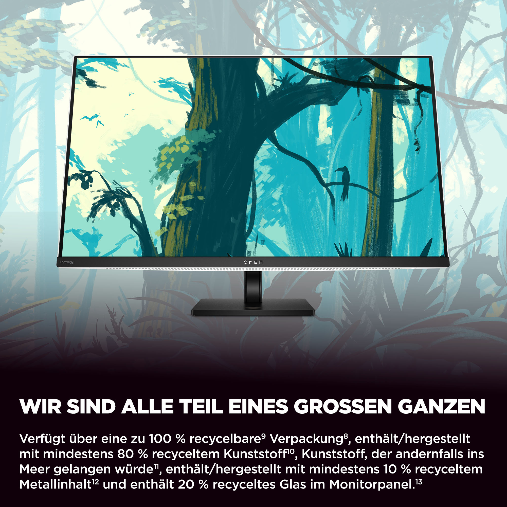 Ein Computermonitor mit einer Waldszene. Text unten.