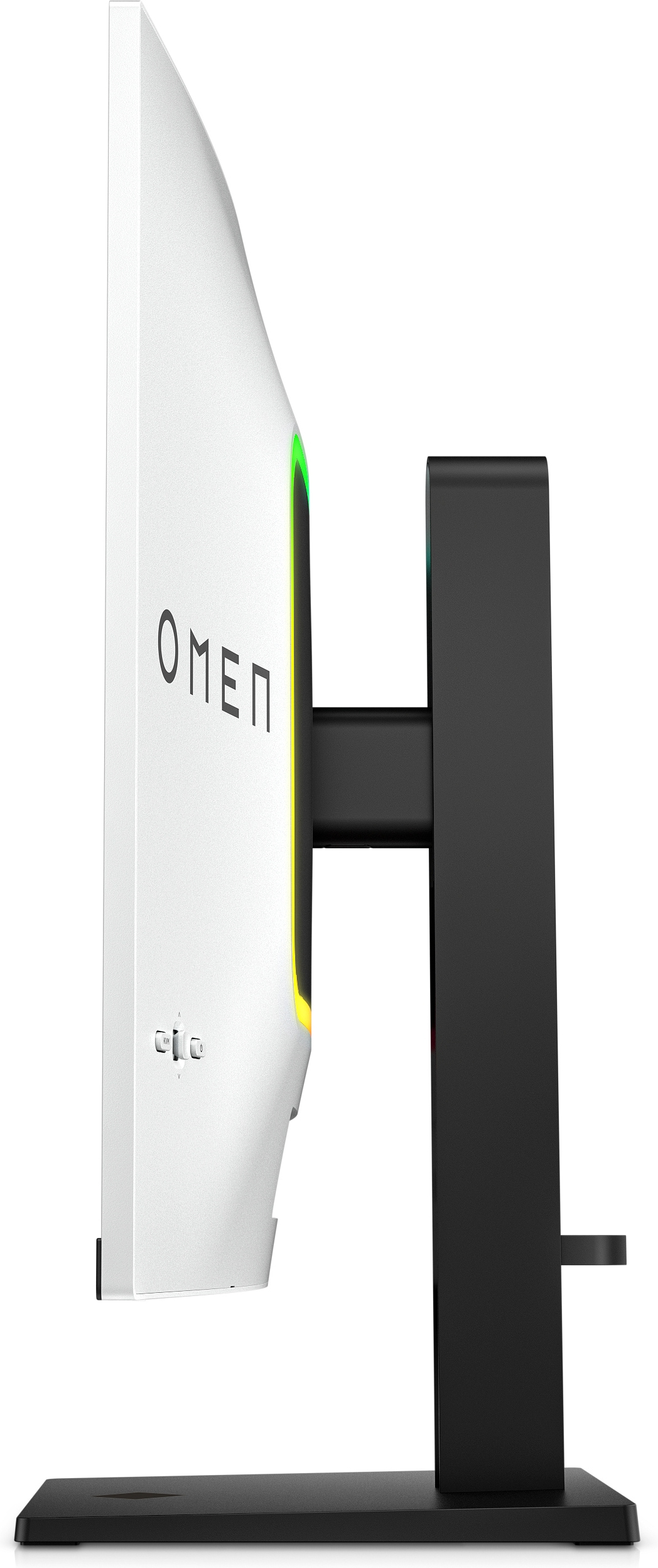 Seitenansicht eines weißen Computermonitors mit dem Wort 'OMEN' darauf und einem schwarzen Ständer.