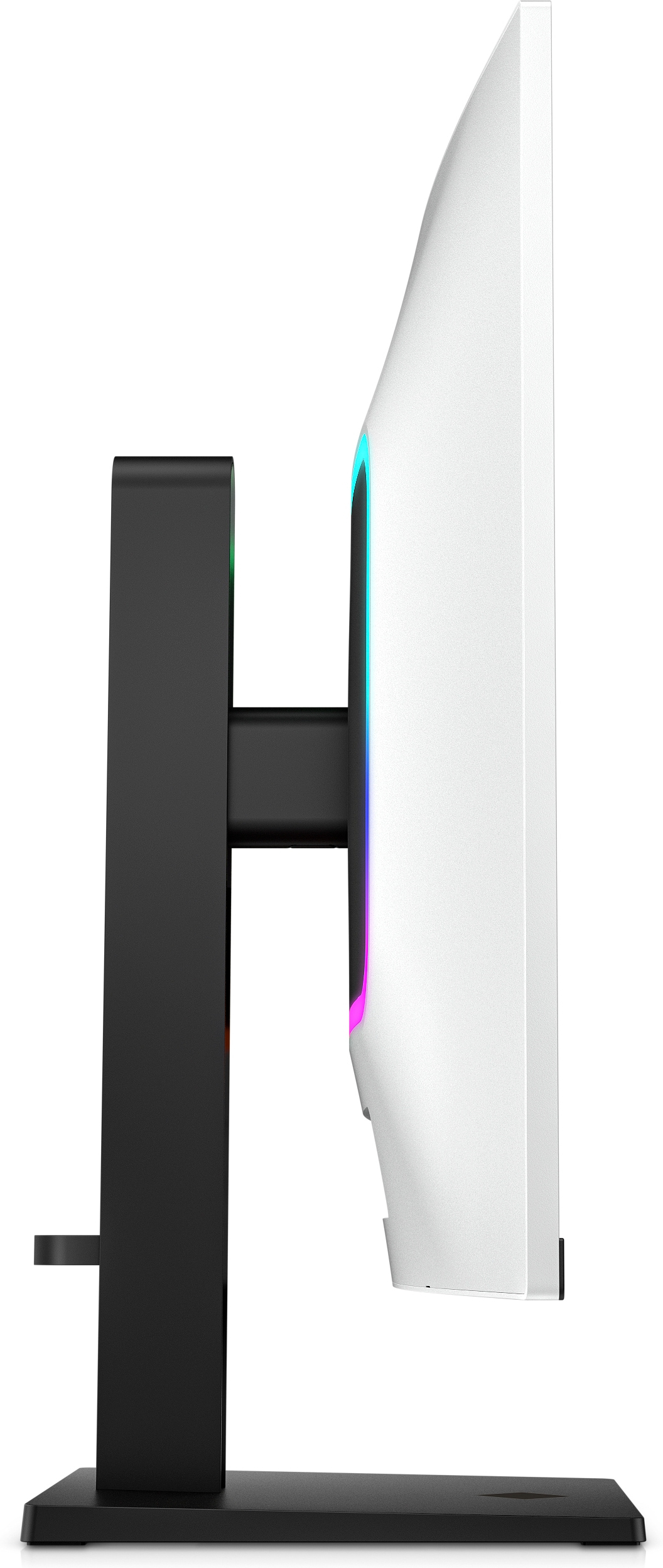 Weißer Computermonitor mit schwarzem Ständer.