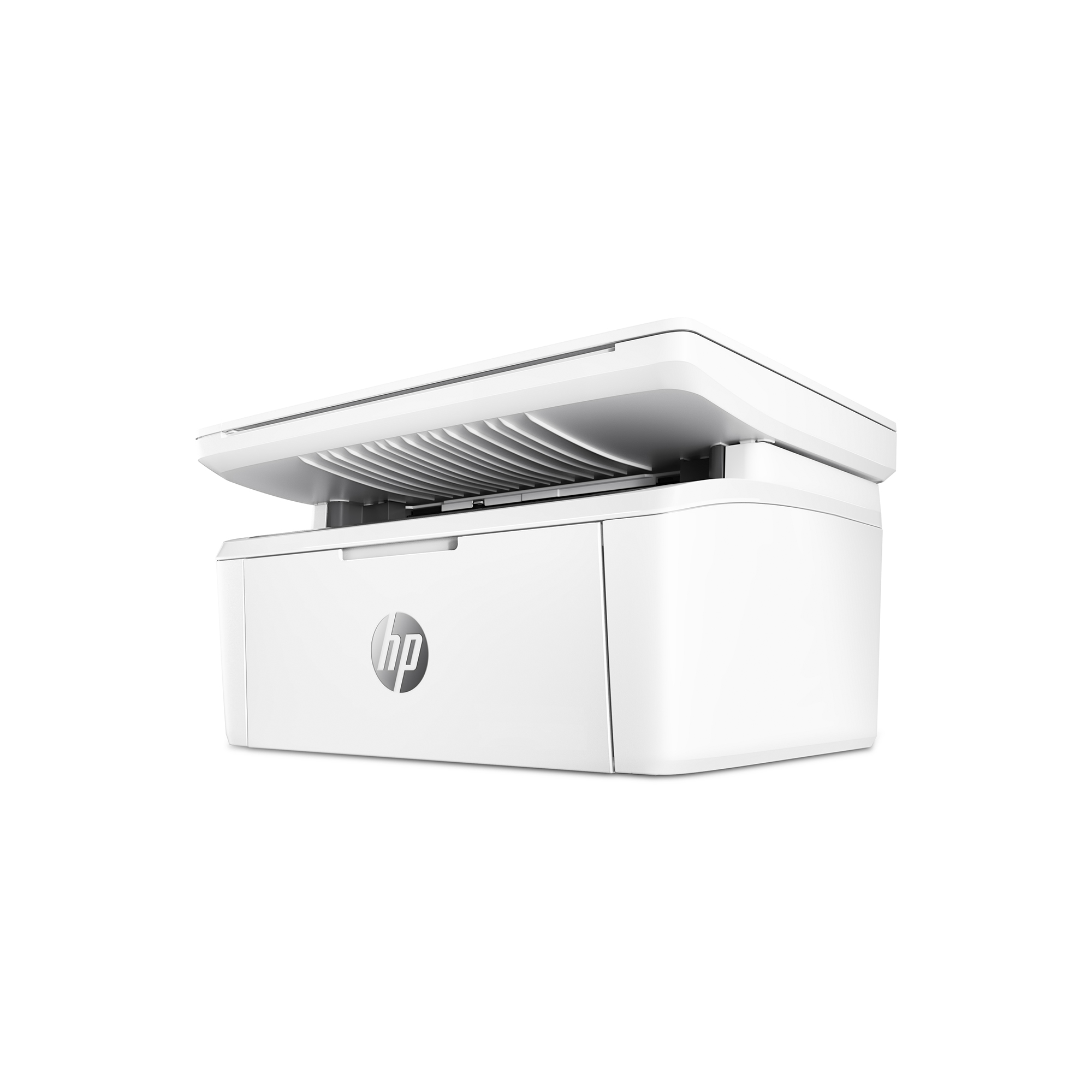 Beyaz HP yazıcı, üstü açık. İçindeki tarayıcıyı gösterir. Ön tarafta HP logosu.