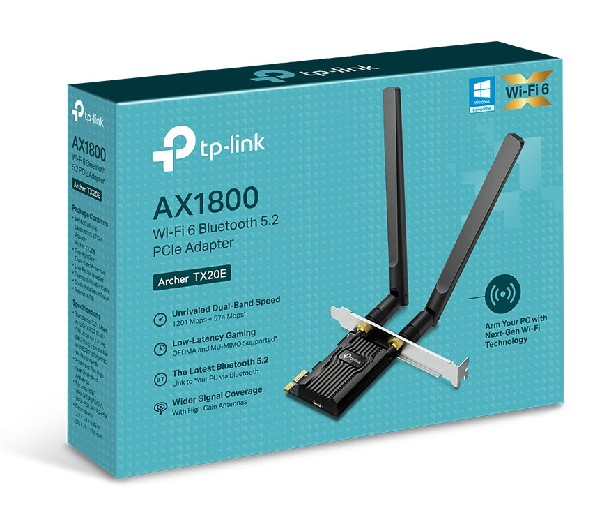 Niebieskie pudełko z adapterem Wi-Fi i antenami z napisem Wi-Fi 6.