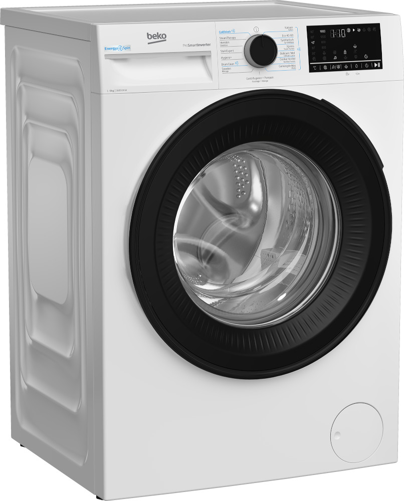 A white washing machine with a black door and control panel is shown.