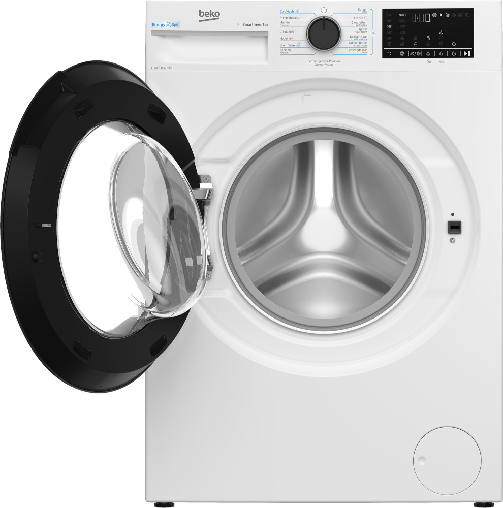 White Beko washing machine with open door, black trim, and control panel. Inside is the drum.