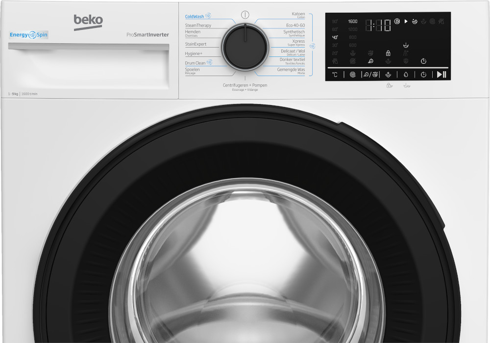 Close-up of a Beko washing machine control panel. It shows various washing program options.