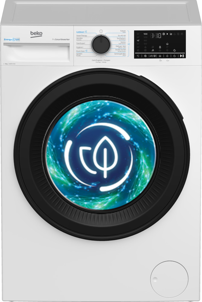A white washing machine with a black door displaying a leaf logo with blue background.
