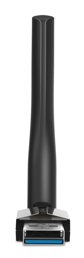 Czarny dongle USB-C ze srebrnymi detalami na białym tle.