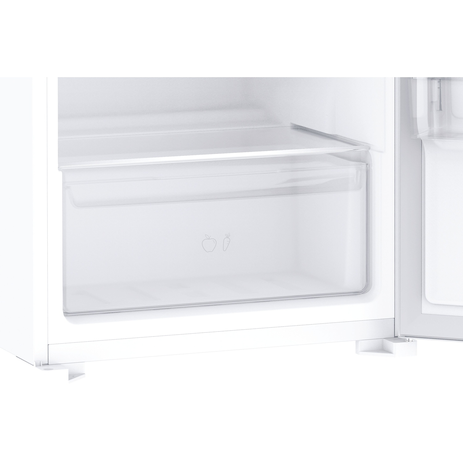 Interno di un frigorifero bianco. Un cassetto è parzialmente aperto. Due icone di mela sul cassetto.