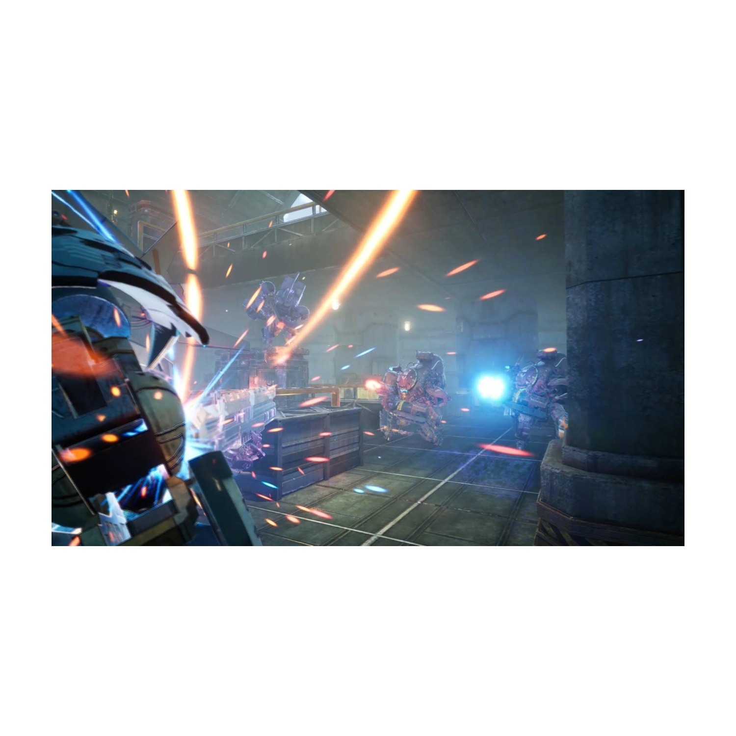 Una scena di videogioco con robot che si sparano a vicenda con effetti di luce arancione e blu.