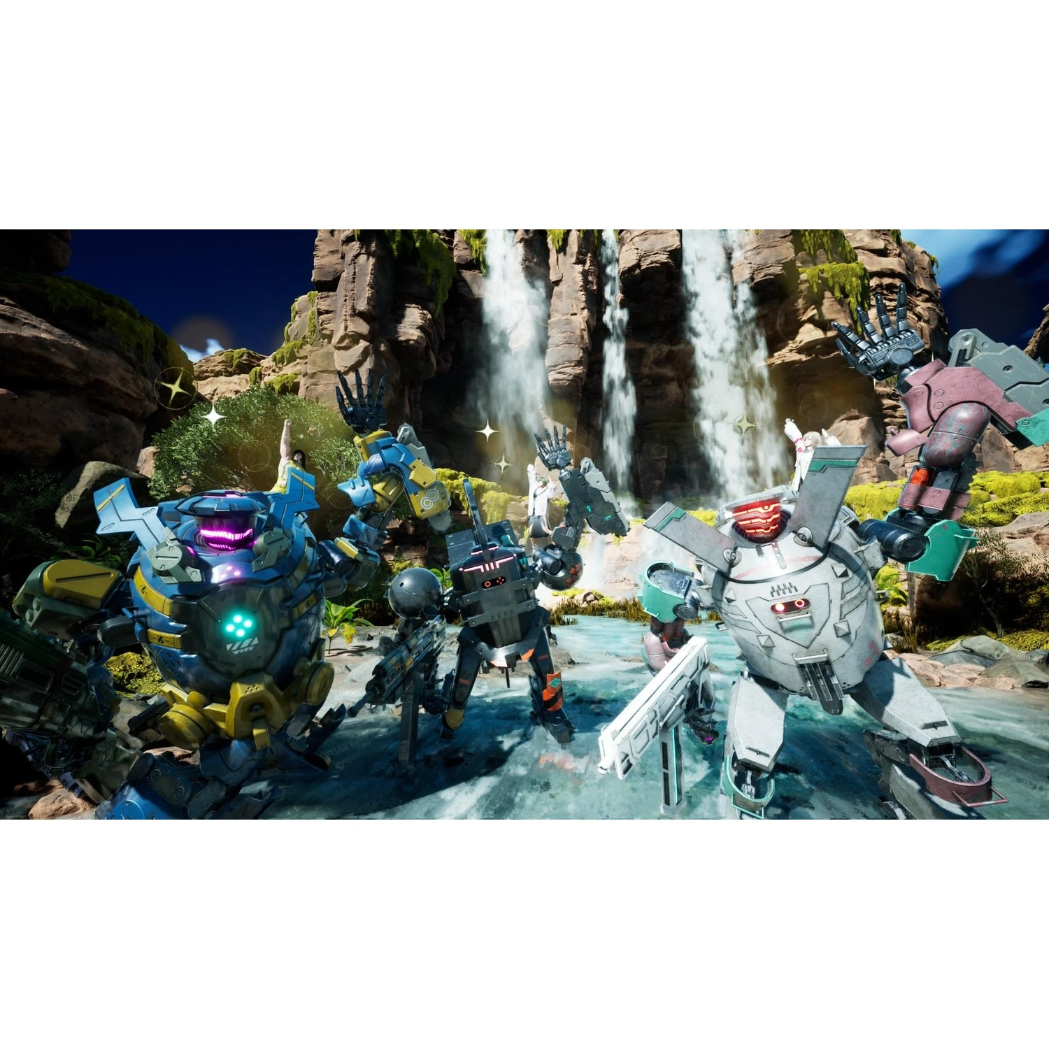 Diversi robot in piedi di fronte a una cascata. Sono di vari colori.