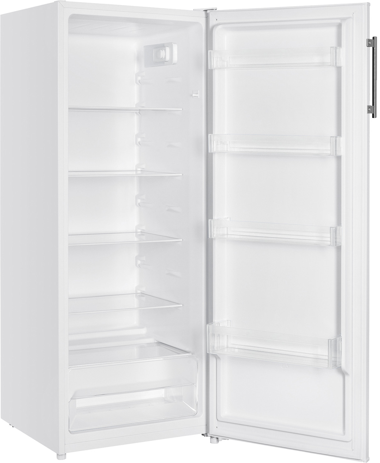 White, empty refrigerator with door open.