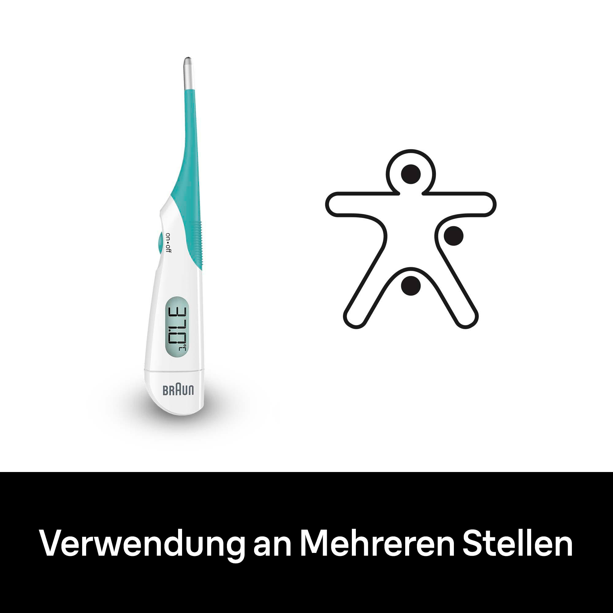 Ein Thermometer und eine Zeichnung einer Person mit drei Punkten zur Messung.