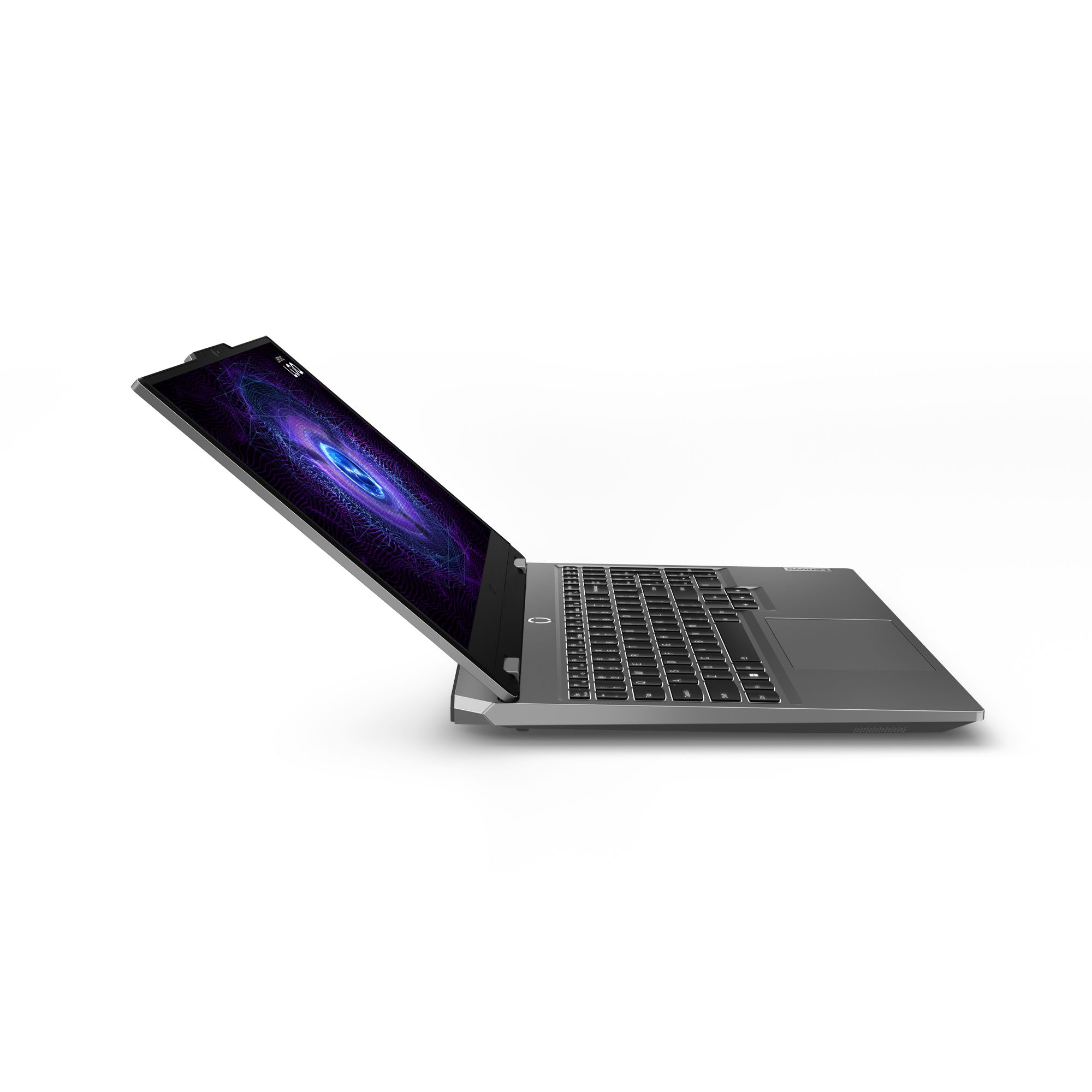 Gümüş renkli dizüstü, açık, klavye görünür, ekranda girdap deseni var.