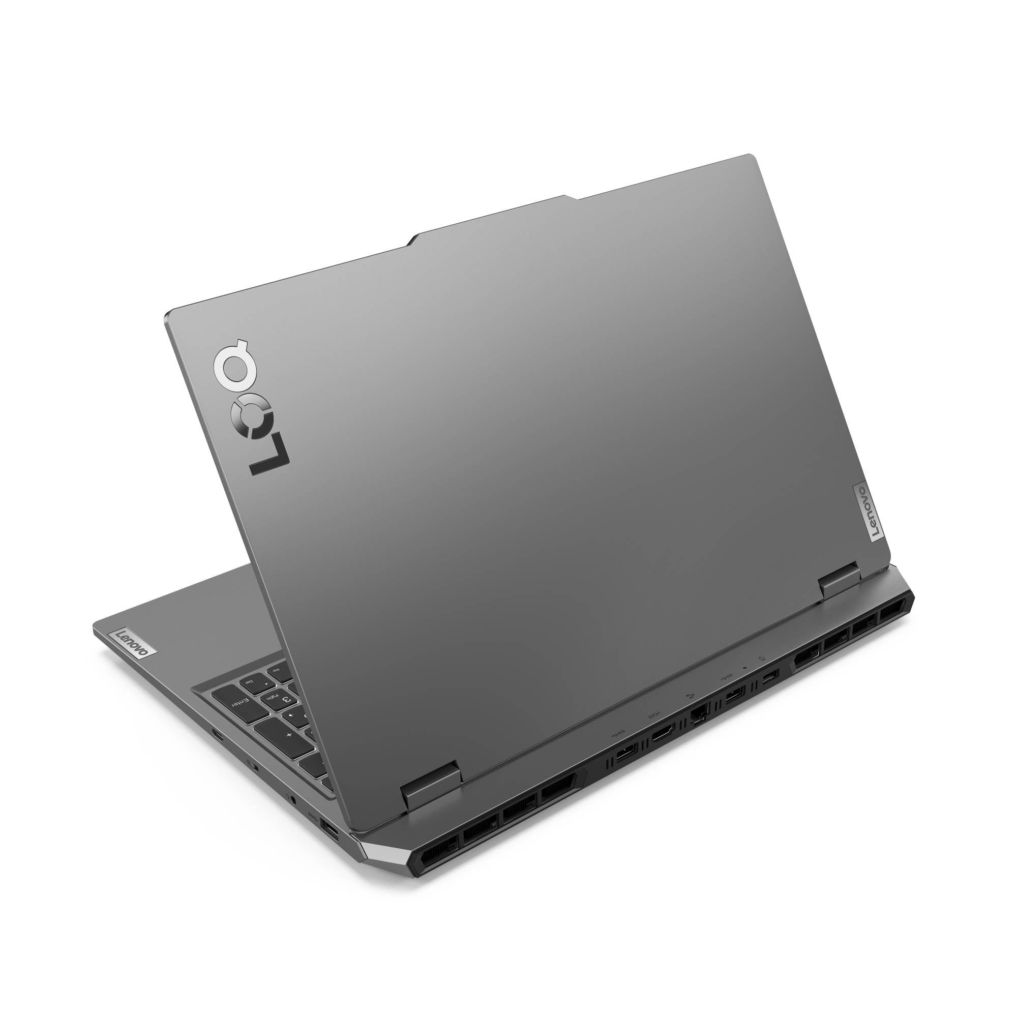 Gri Lenovo oyun dizüstü bilgisayarı, kısmen açık, siyah zemin üzerinde arkadan görünüm.