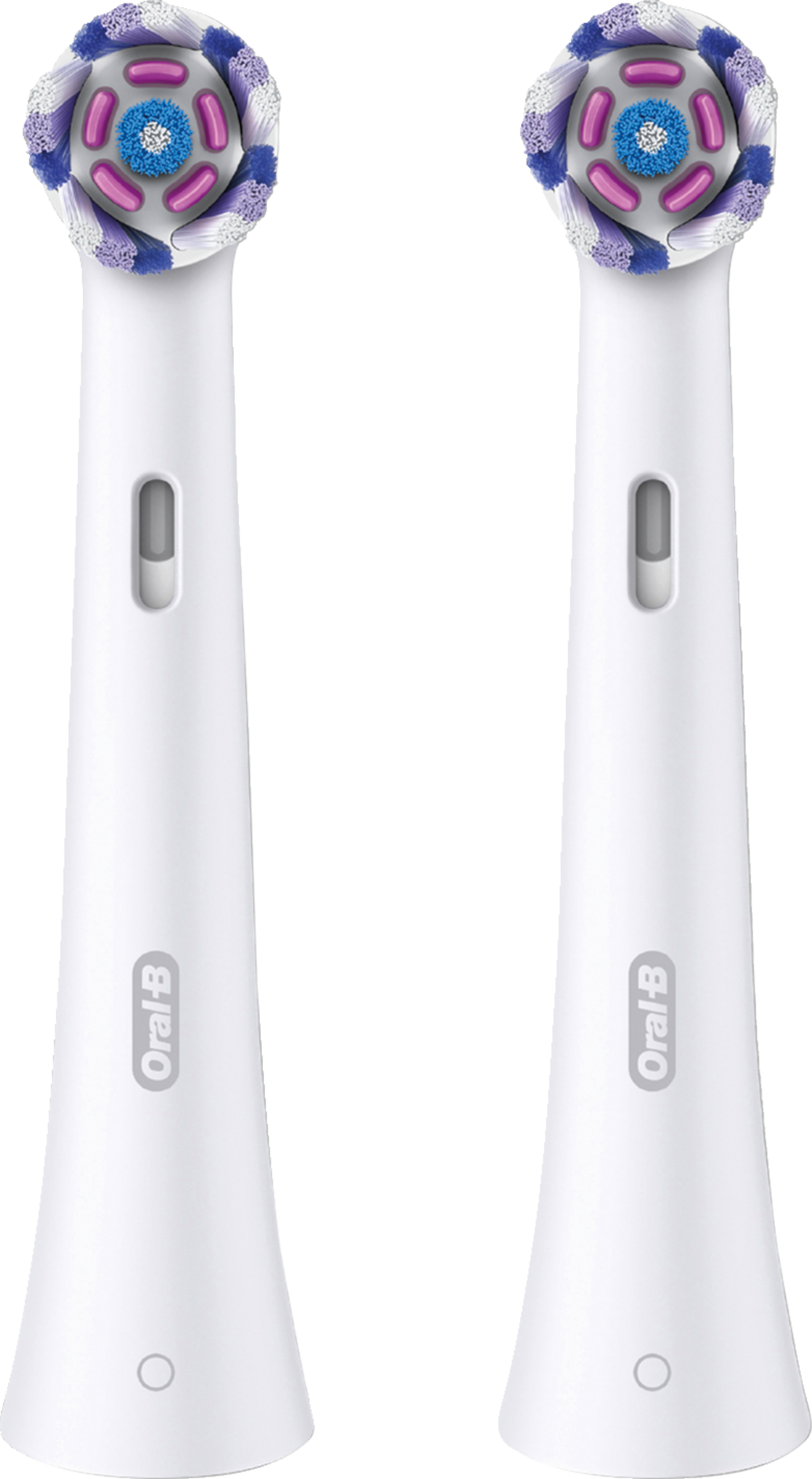 Zwei weiße Oral-B-Zahnbürstenköpfe, lila und blaue Borsten sichtbar.
