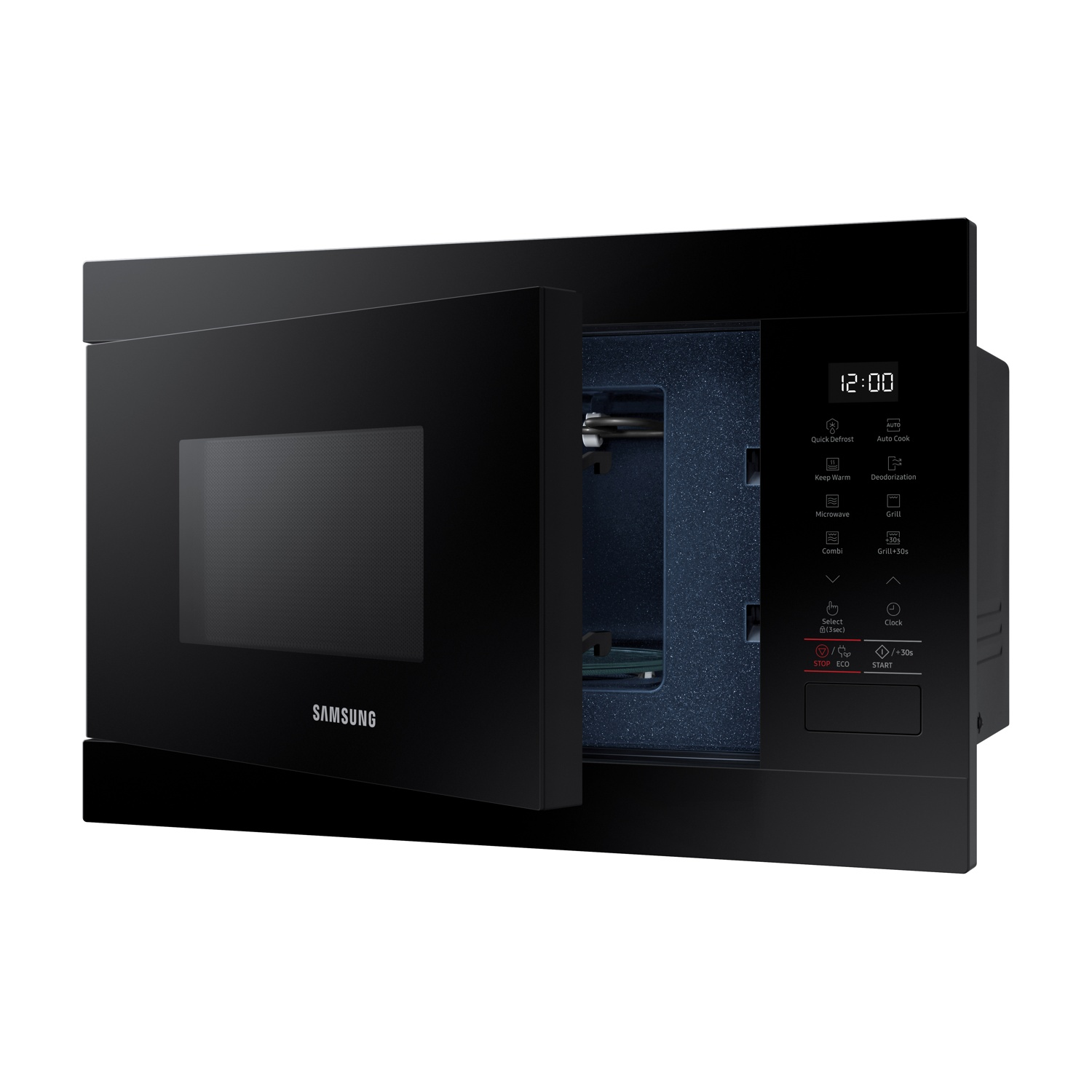 Microonde Samsung nero, porta aperta, pannello di controllo a destra.