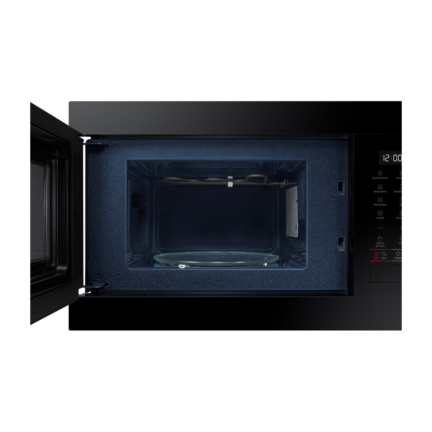 Microonde Samsung nero, porta aperta, interno visibile con piatto in vetro.
