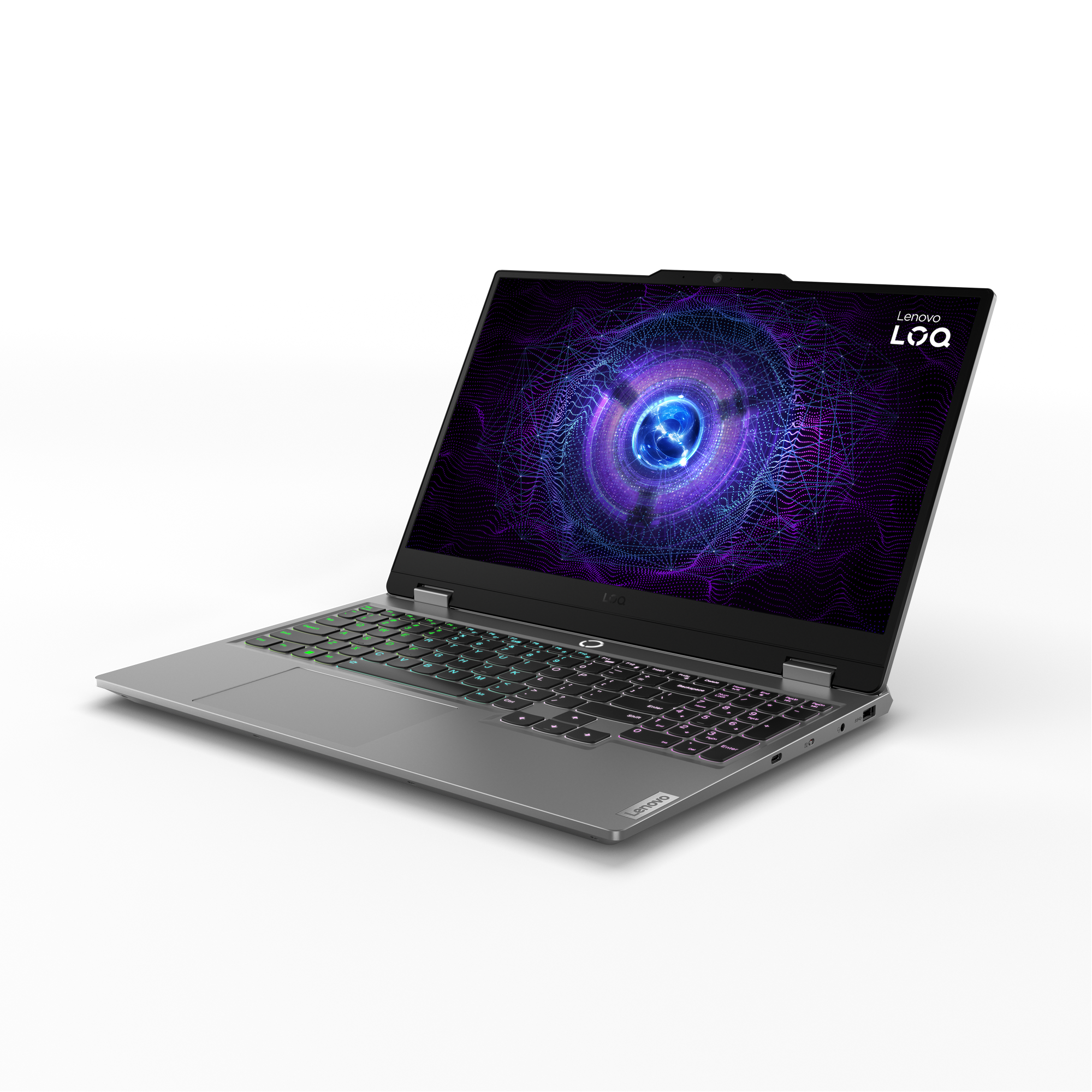 Gümüş renkli dizüstü, açık, girdap ekranı, aydınlatmalı klavye, açılı görünüm, Lenovo LqA.