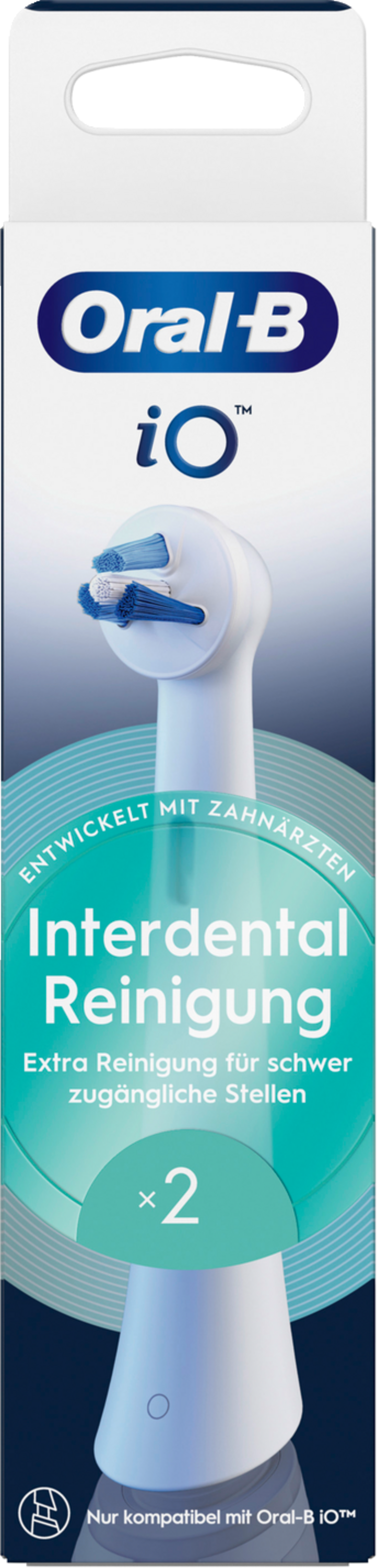 Oral-B iO Zahnbürstenkopf-Packung. Auf der Vorderseite ist ein weiß-blauer Bürstenkopf mit Text abgebildet.