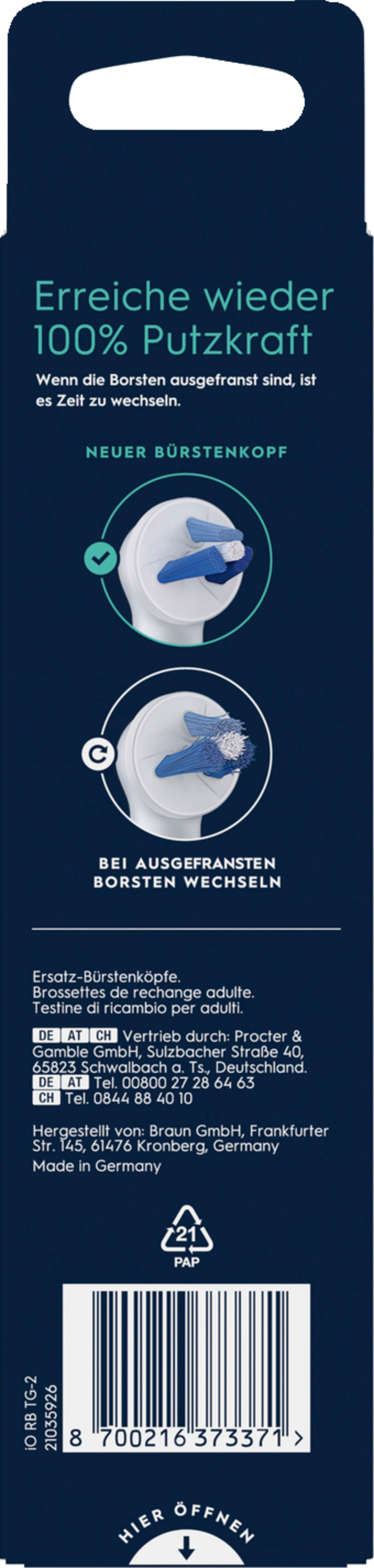 Die Rückseite der Oral-B iO Zahnbürstenkopf-Packung. Anweisungen und Produktdetails werden angezeigt.
